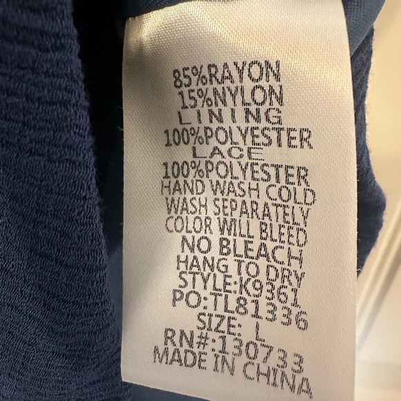 Umgee Navy Blue Boho Mini Dress Size L Lace Yoke V-Neck 3/4 Puff Sleeve, Lined - Picture 6 of 7